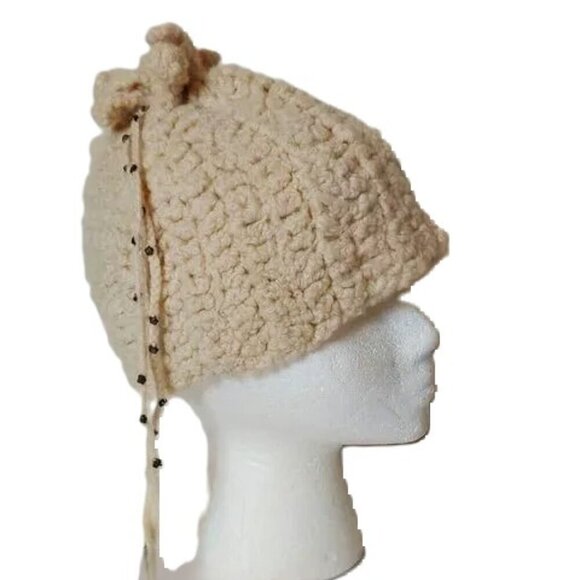 Vintage Hand Knit Hat Crochet Beaded Jeweled Pull String Tie Boho - Picture 4 of 9